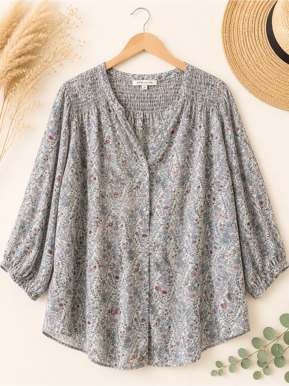 Rose + Olive 1X Boho Floral Blouse Plus Size Cottagecore Flowy Top